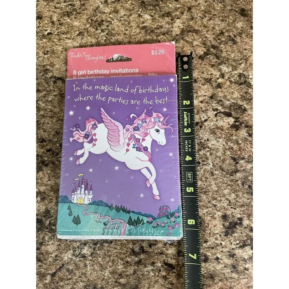 Tender Thoughts Greetings Unicorn Castle Birthday Girl Invitations 8‎ Pack NIP